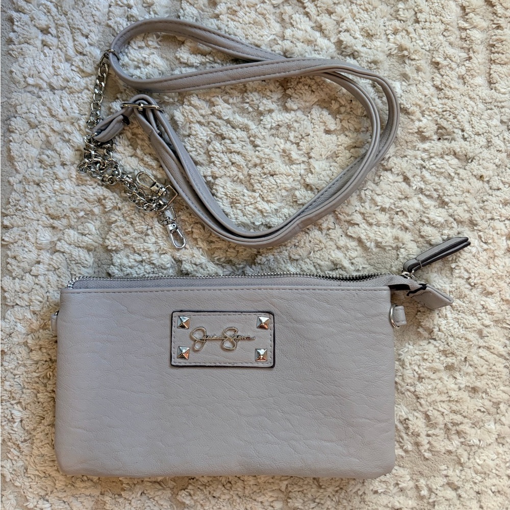 Jessica Simpson Cream Leather Clutch Chain Strap Pockets Credit Card storage OS